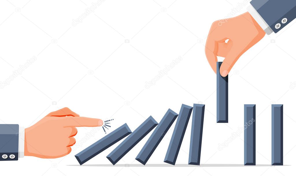 Businessman hand stopping domino effect. Business man stops falling dominoes with finger. Finishing chain reaction. Successful intervention, solution. Cartoon flat vector illustration