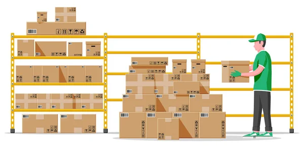 Estantes de almacén con cajas y mover — Vector de stock