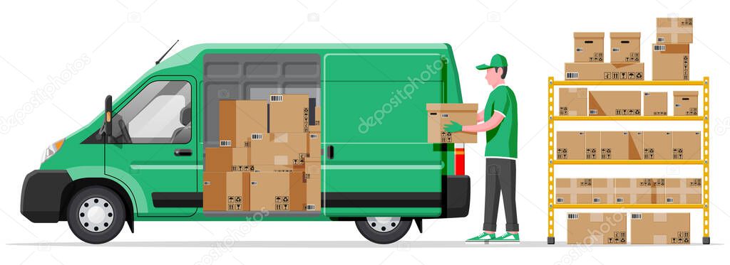 Warehouse shelves with goods, delivery van, mover, container package boxes. Pile cardboard boxes set. Carton delivery packaging open and closed box with fragile signs. Flat vector illustration