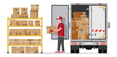 Warehouse shelves with boxes, truck and mover clipart