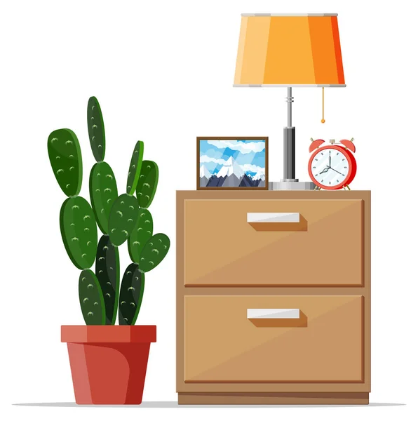 Skříň s lampou, hodinami, rámečkem obrazu a rostlinou. — Stockový vektor