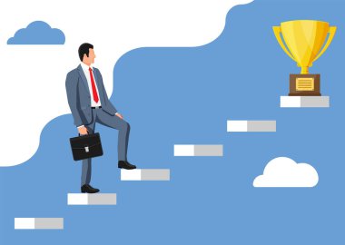 İş adamı ve altın kupa başarı merdiveninde..