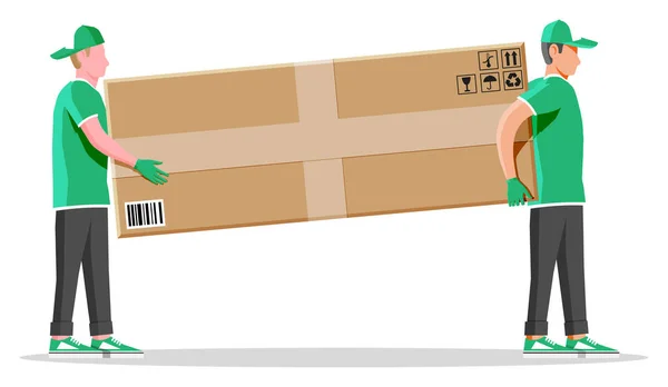 Two workers mover man carrying cardboard box. Royalty Free Stock Illustrations