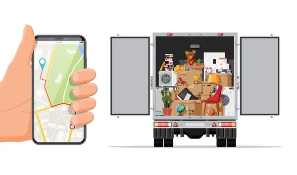 Camion con oggetti per la casa, smartphone con mappa. — Vettoriale Stock