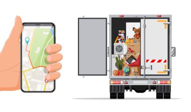 Ev eşyaları kamyonu, haritalı akıllı telefon..