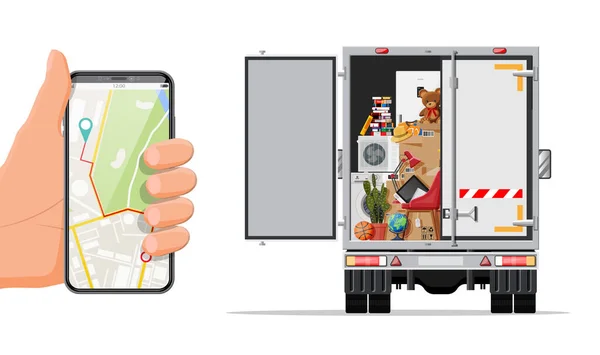 Camion con oggetti per la casa, smartphone con mappa. — Vettoriale Stock