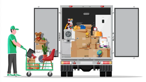 Camion di consegna pieno di roba di casa dentro. — Vettoriale Stock