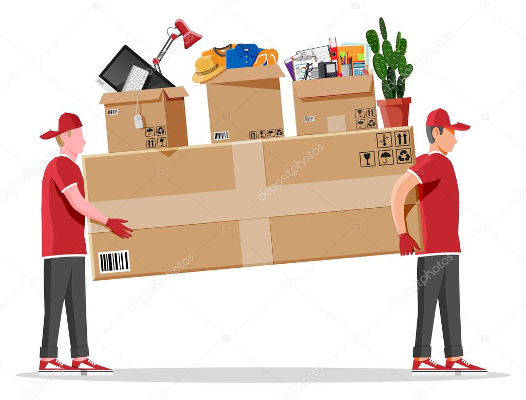 Two workers mover man carrying cardboard box.