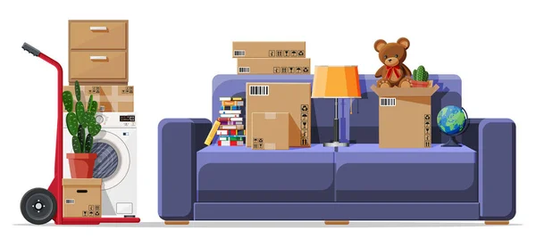 Karton kutularla ev eşyalarıyla dolu bir kanepe. — Stok Vektör