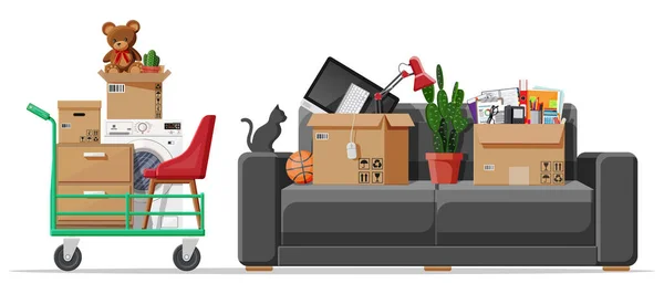 Sofá con cajas de cartón con artículos para el hogar — Vector de stock