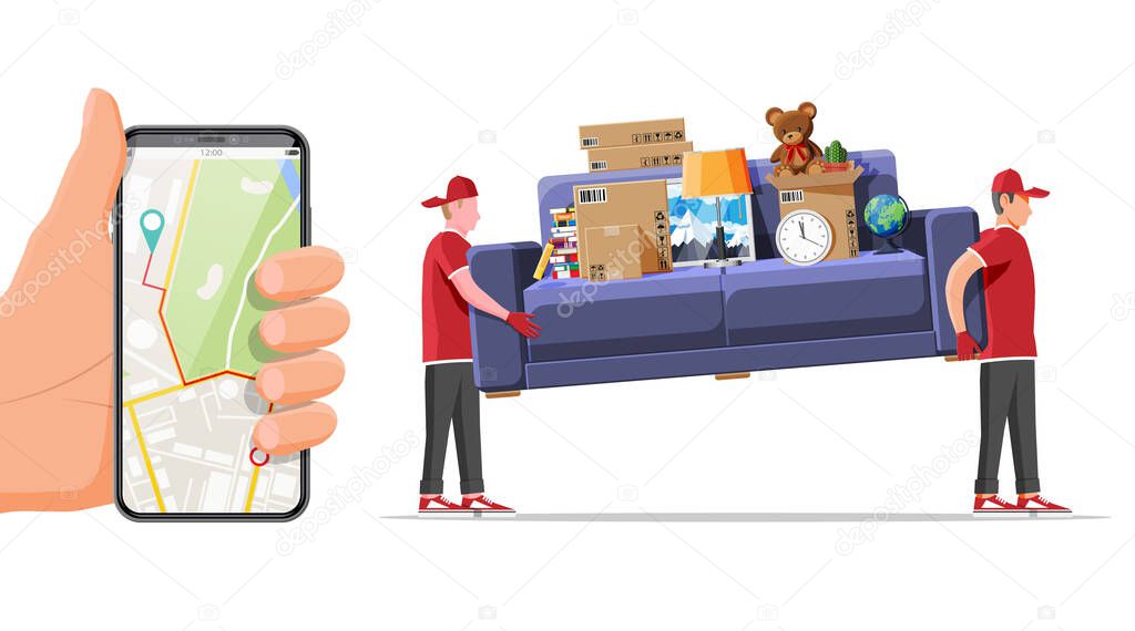Delivery character man movers carry sofa and phone