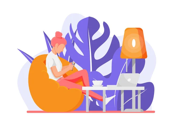 Freelancer kobieta z laptopem w fotelu worek fasoli. — Wektor stockowy