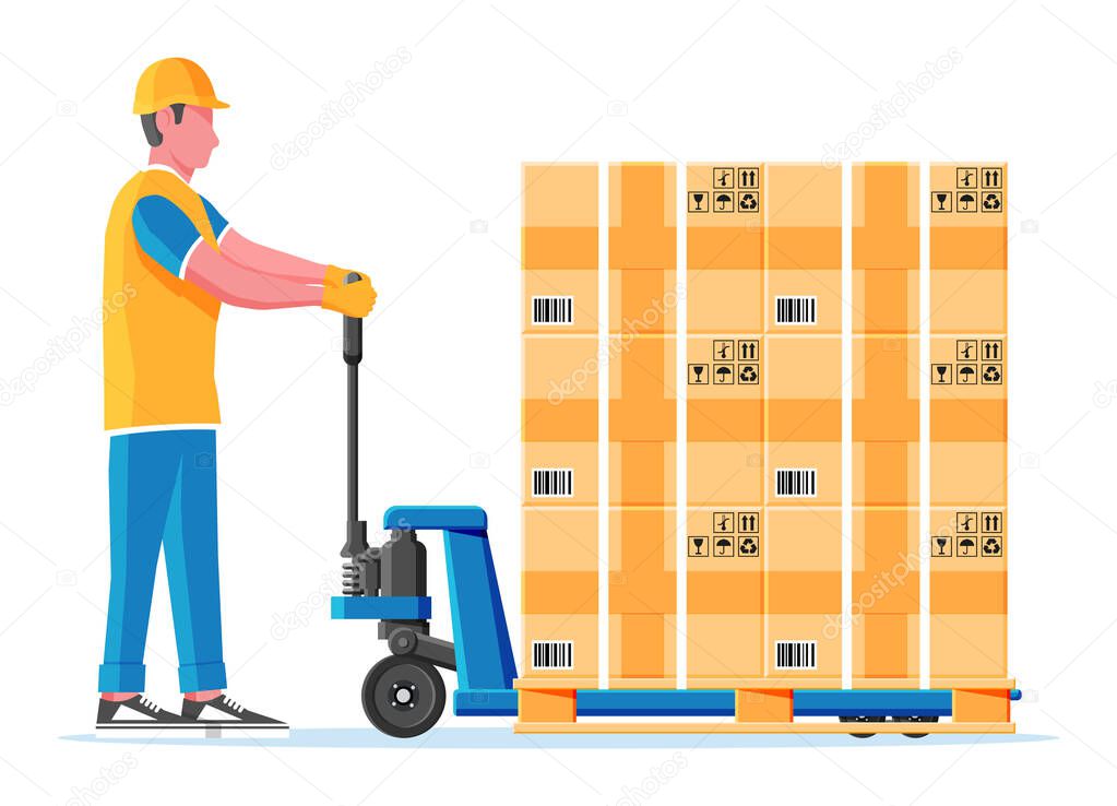 Hand pallet truck with cardboard boxes isolated