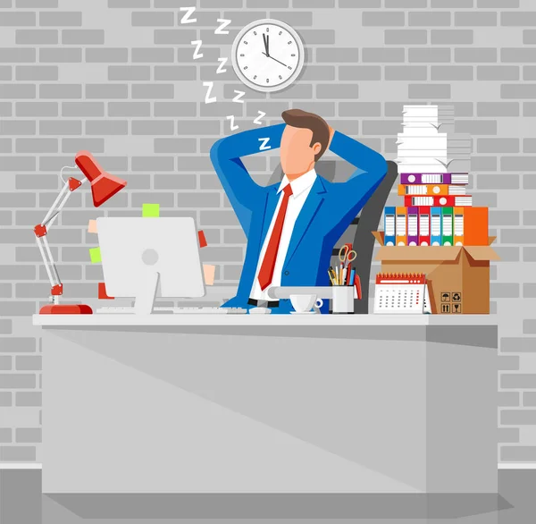 Hombre de negocios personaje dormir en montón de papeles. — Vector de stock