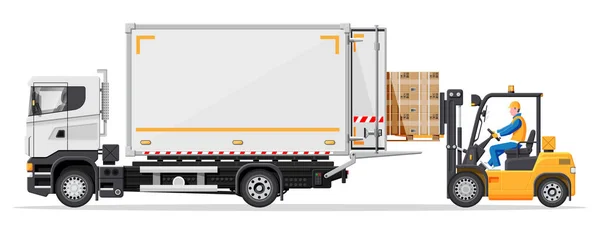 Empilhadeira carregando caixas de paletes em caminhão — Vetor de Stock