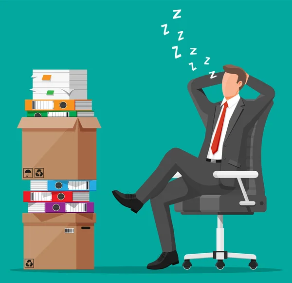 Hombre de negocios personaje dormir en montón de papeles. — Vector de stock