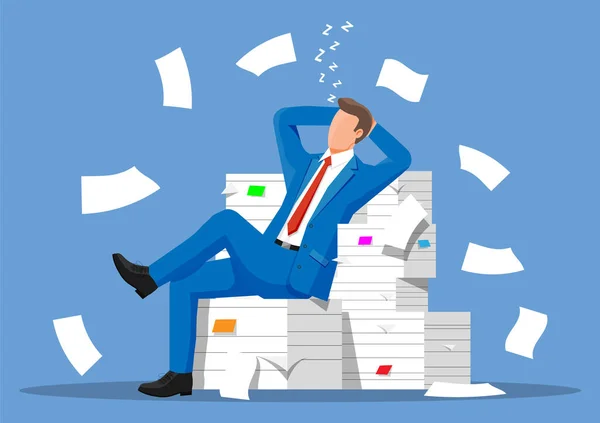 Business man character sleep in bunch of papers. — Stock Vector