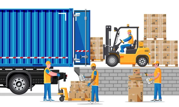 Forklift loading pallet boxes into lorry truck — Stock Vector