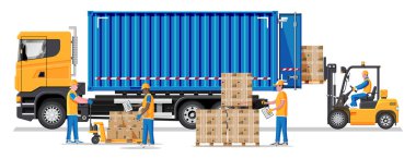 Forklift palet kutularını kamyonete yüklüyor.