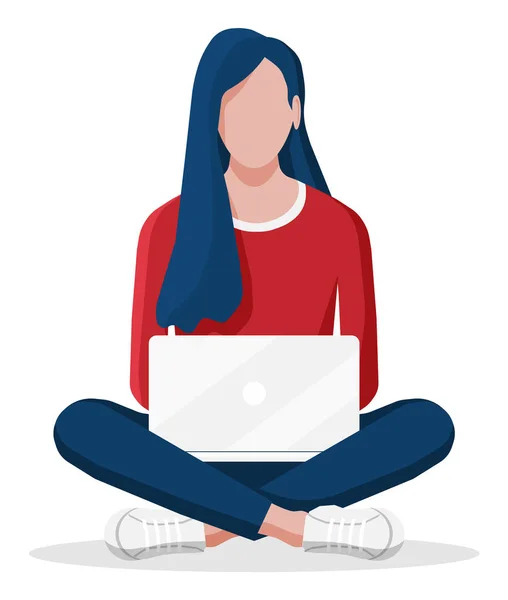 Vrouw zit gekruiste benen en werkt op laptop. — Stockvector