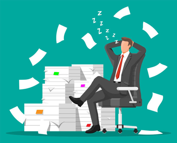 Персонаж бизнесмена спит в куче газет.