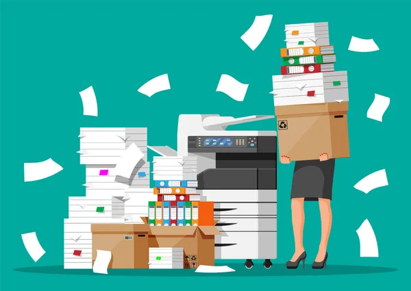 压力大的女商人成堆的办公室文件 — 图库矢量图片