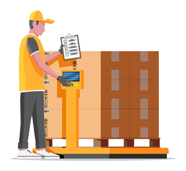 L'employé de l'entrepôt pèse la cargaison. — Image vectorielle