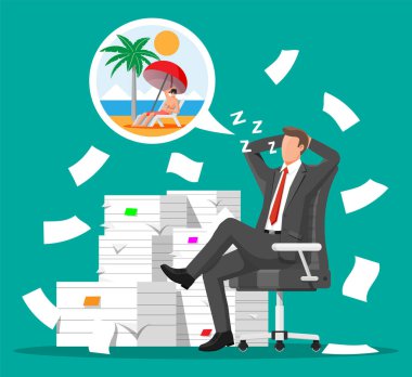 İş adamı karakteri bir sürü kağıtta uyur..