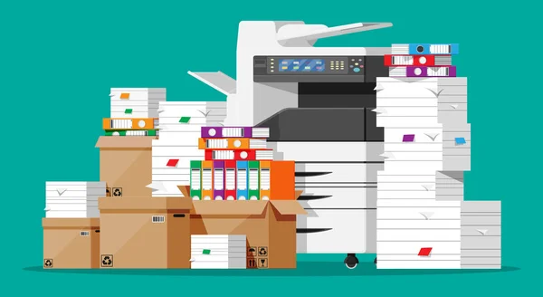 Stapel papieren documenten en printers — Stockvector