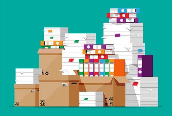 Montón de carpetas de archivos, cajas de cartón y papeles — Vector de stock