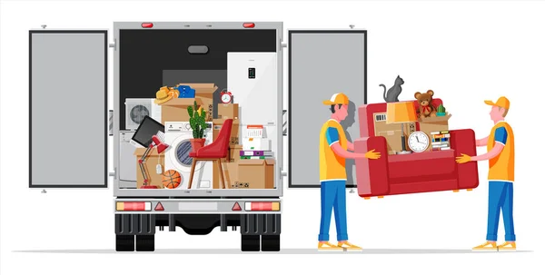 Caminhão de entrega cheio de coisas de casa dentro. —  Vetores de Stock