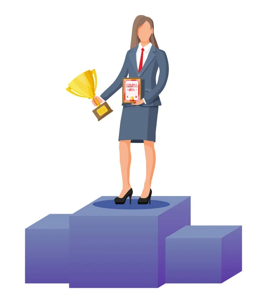 Femme d'affaires tenant trophée et certificat — Image vectorielle