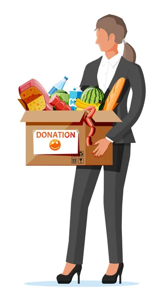 Woman holding cardboard box full of food. — Stock Vector