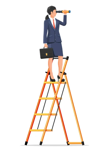 Businesswoman mirando en spyglass en escalera — Vector de stock