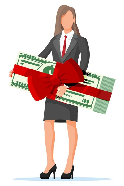 Businesswoman holding holding dollar bundle — Stock Vector