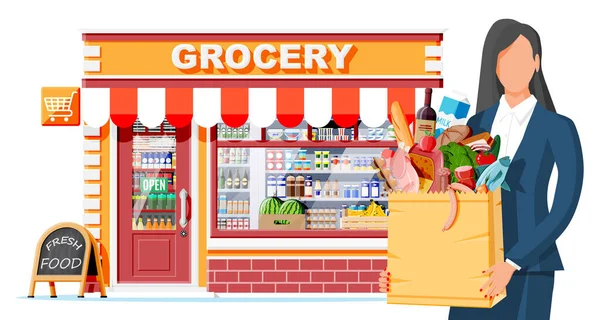 Grocery store and women customer. — Stock Vector