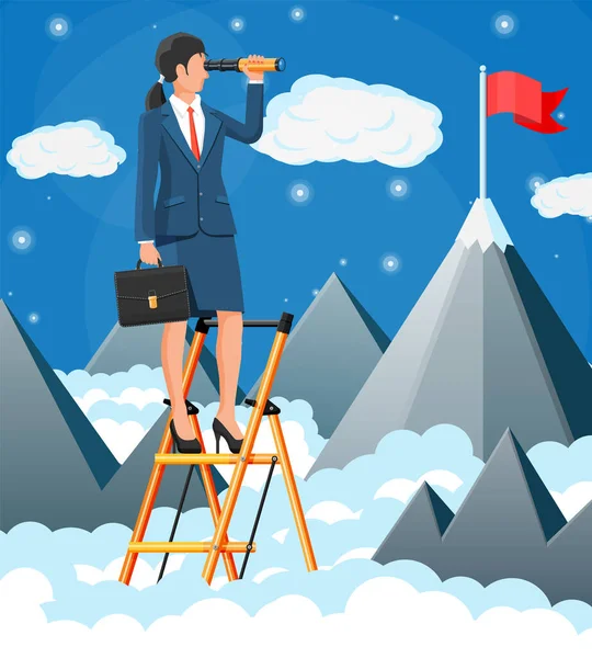 Businessmanwoman Ladder Looking Opportunities Spyglass Business Woman Look Target Mountain — Stock Vector