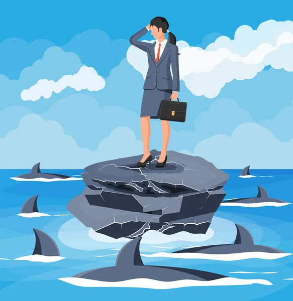 Worried Businesswoman Tiny Island Sea Surrounded Sharks Desperate Business Woman — Stock Vector