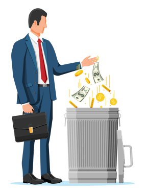 İşadamı çöpe altın sikke ve dolar atıyor. Çöp atığı yatırımı. Kaybetmek ya da israf etmek, aşırı harcama, iflas ya da kriz. Düz biçimli vektör illüstrasyonu