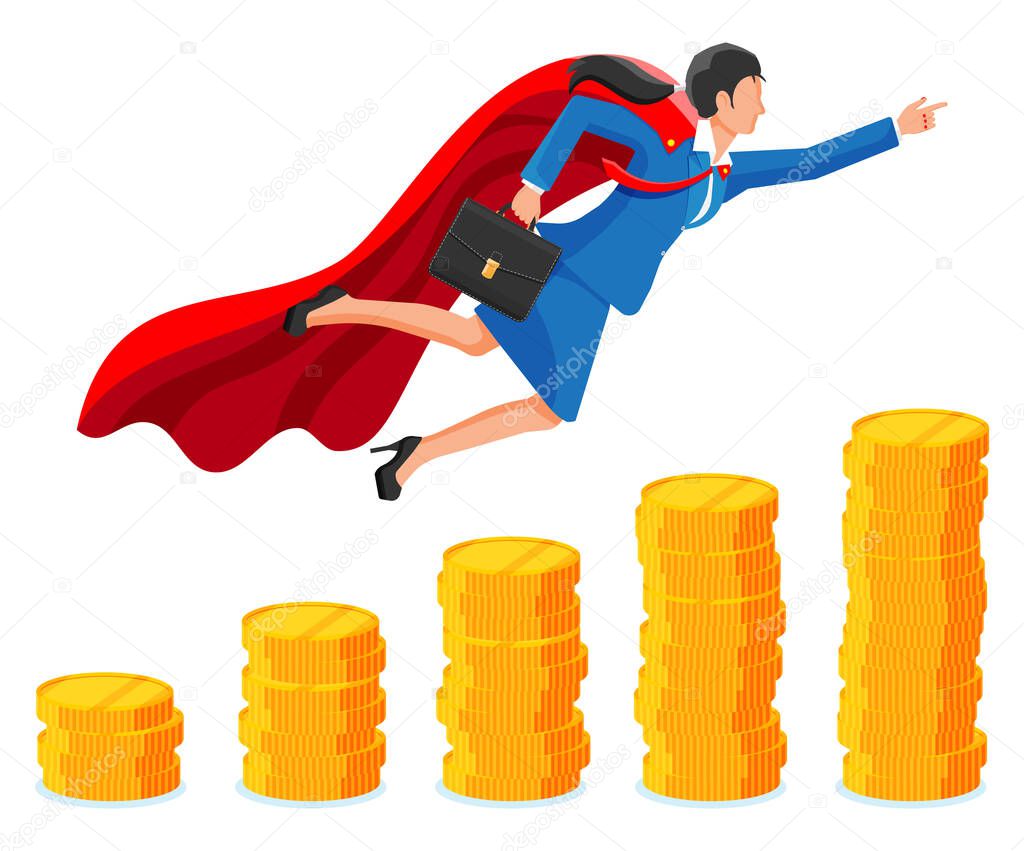 Super businesswoman on coin chart ladder with waving necktie and briefcase. Business woman look up to the target. Success, achievement, business vision career goal. Flat vector illustration