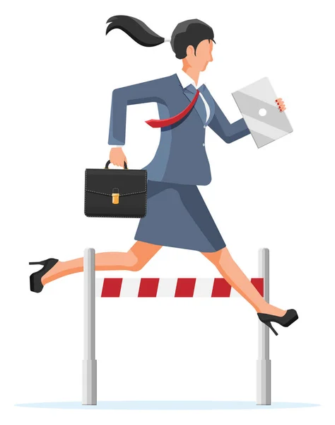 Businesswoman Briefcase Runs Obstacle Course Business Woman Jumping Barrier Financial — Stock Vector