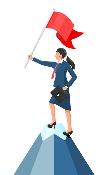 Femme d'affaires au sommet de la montagne avec drapeau. — Image vectorielle