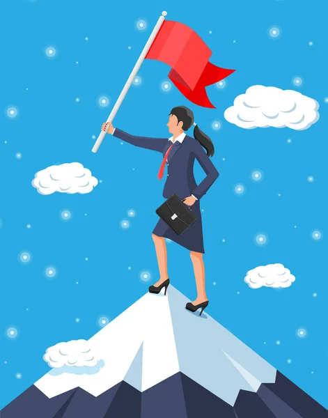 Businesswoman on top of mountain with flag. — Stock Vector