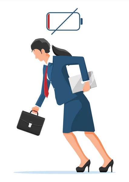 Personaje de mujer de negocios cansado. Batería baja — Vector de stock