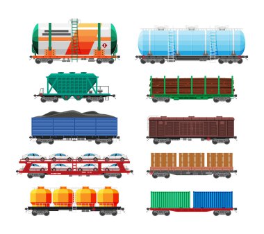 Tren yük vagonları, sarnıçlar, tanklar ve arabalar. Demiryolu Nakliye Koleksiyonu. Flatcar, Boxcar, Car Carriage. Sanayi arabaları, yan görüş. Kargo Demiryolu Taşımacılığı. Düz Vektör İllüstrasyonu