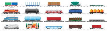 Tren yük vagonları, sarnıçlar, tanklar ve arabalar. Demiryolu Nakliye Koleksiyonu. Flatcar, Boxcar, Car Carriage. Sanayi arabaları, yan görüş. Kargo Demiryolu Taşımacılığı. Düz Vektör İllüstrasyonu