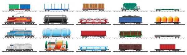 Tren Yük Vagonları Sarnıçlar Tanklar Arabalar Demiryolu Nakliye Koleksiyonu Flatcar — Stok Vektör