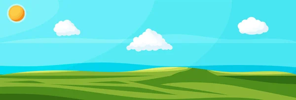 Empty green landscape with sky, clouds and sun. — Stock Vector