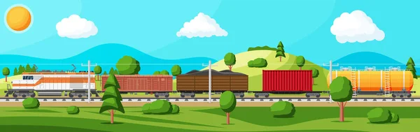 Trasporto ferroviario di merci, paesaggio naturale — Vettoriale Stock
