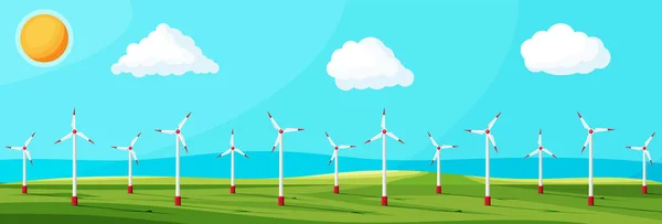 Wind farm in green fields among trees. — Stock Vector